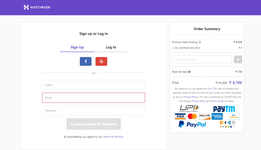 account creation page in hostinger