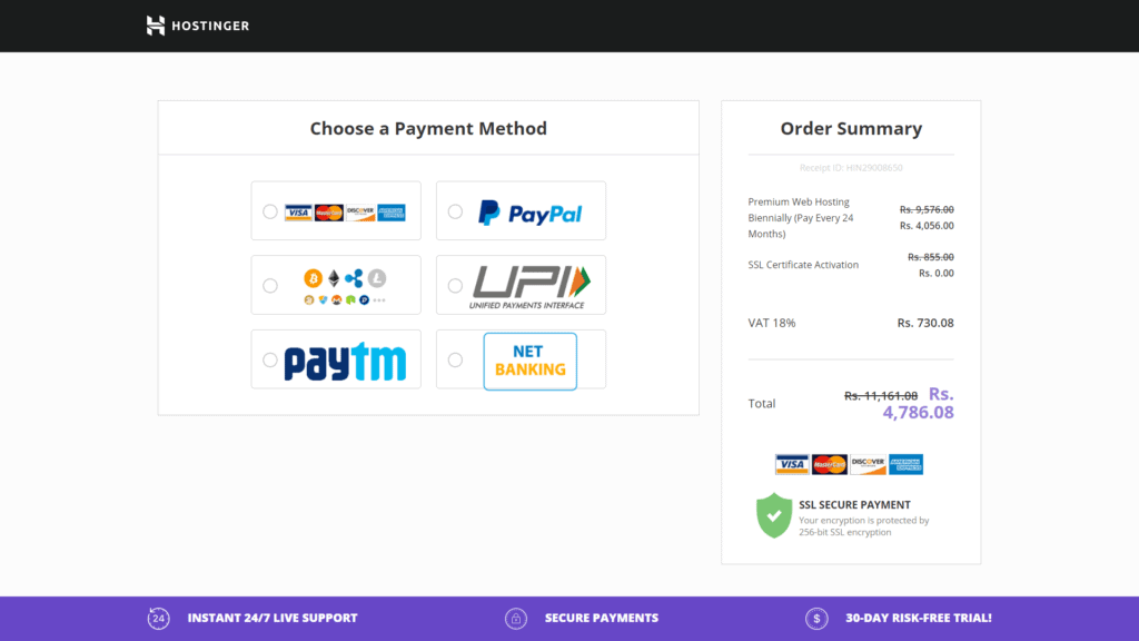 Payment method supported by hostinger
