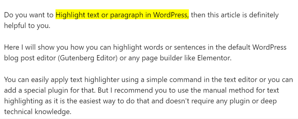 Text highlight in WordPress (preview)