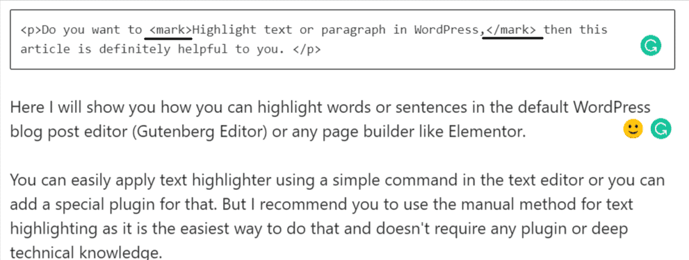 Adding mark tag in HTML view for text highlight