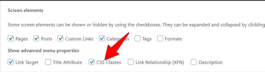 Turn on CSS class in the menu properties