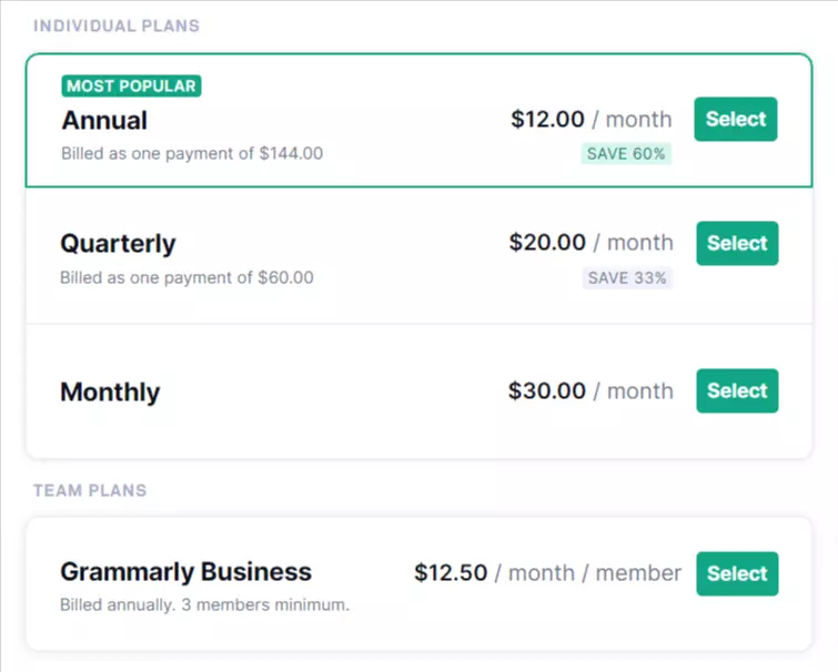 grammarly pricing plans