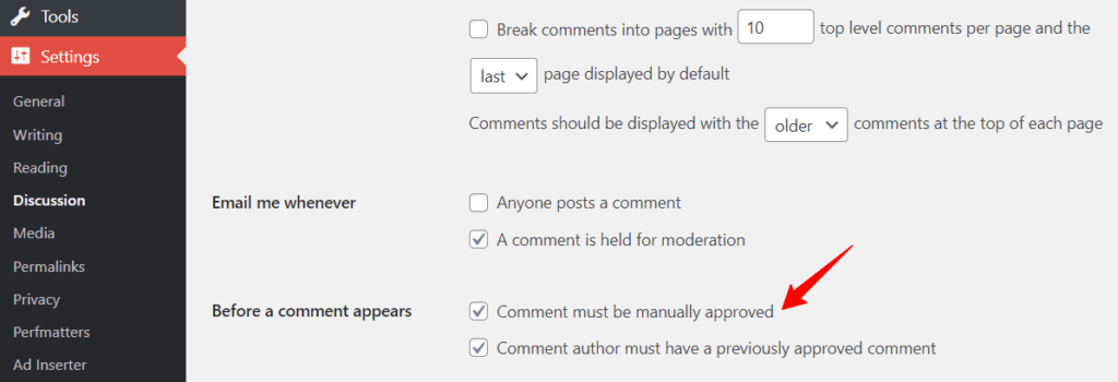 Manual approve of comments in WordPress