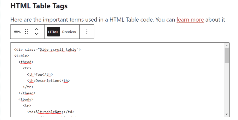 how to add responsive HTML table in wordpress