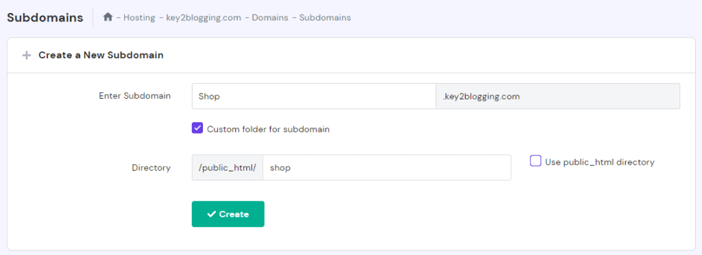 create a new subdomain in hostinger
