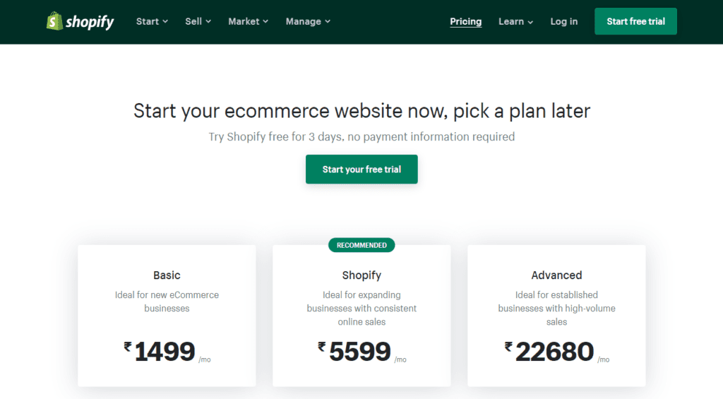 Shopify Pricings Plans