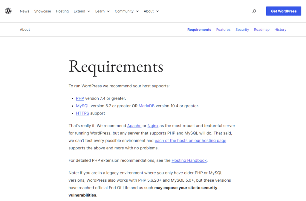 Requirements for Wordpress