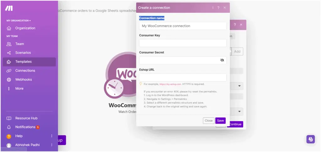 connect WooCommerce with make.com with API