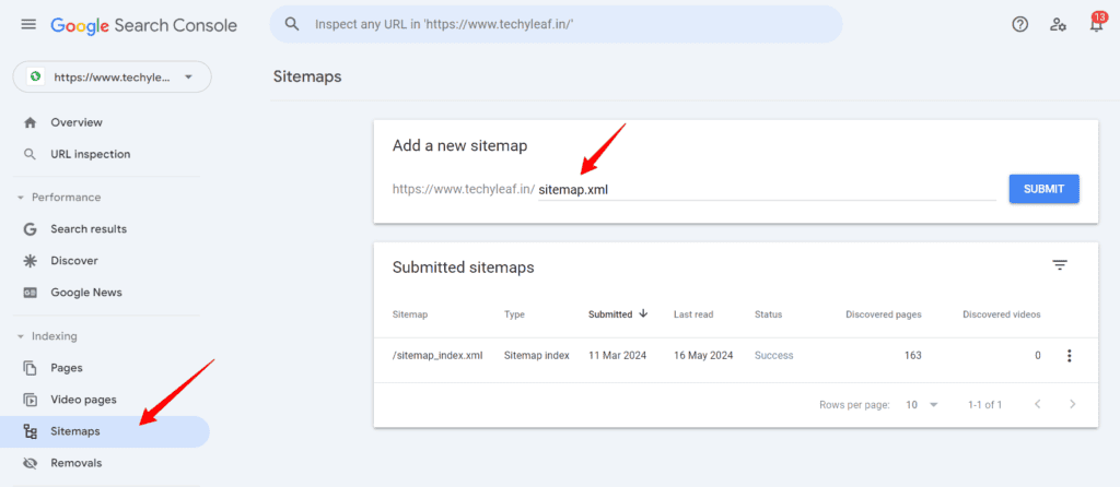 Submit sitemap in Search Console