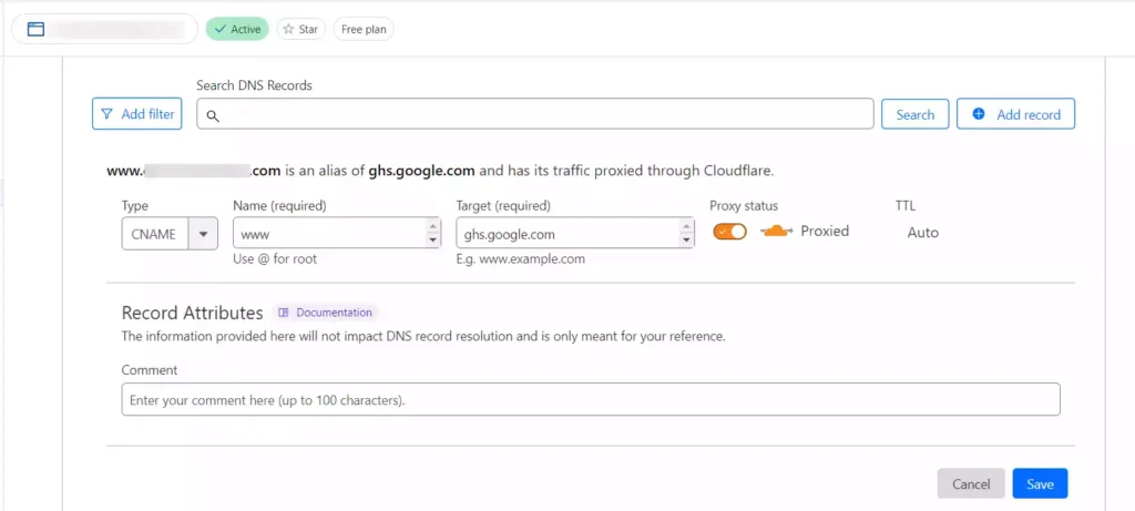 adding first cname for blogger connection in cloudflare