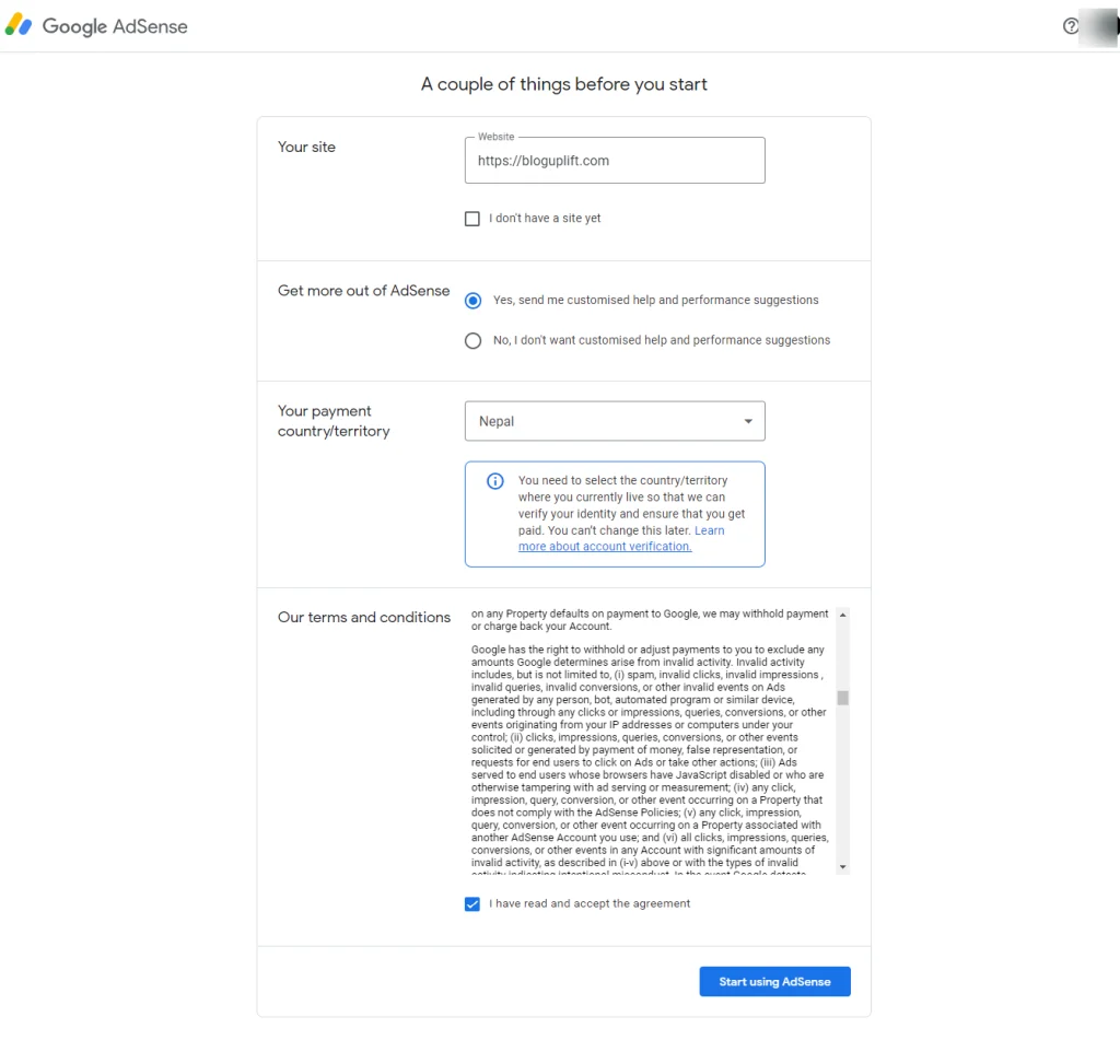 Enter your Information in this Google Adsense Form