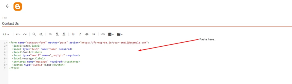 inserting contact form html code in bloggger website