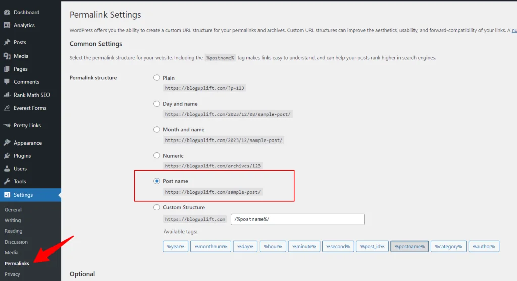 permalink settings in WordPress