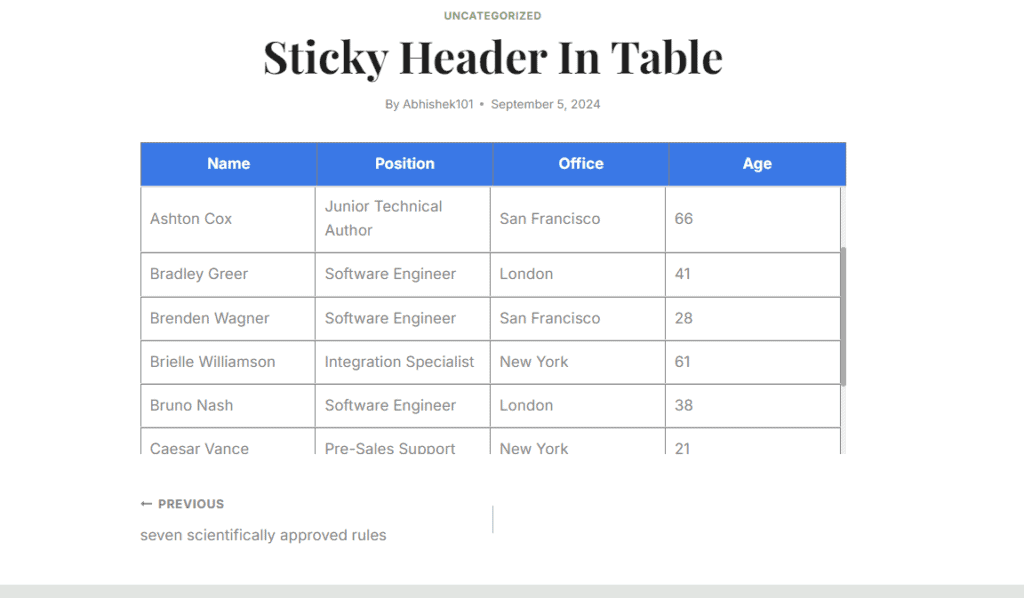 Sticky Header in Wordpress table