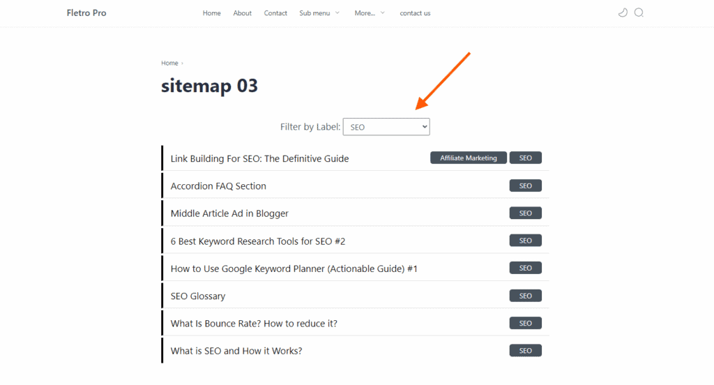 HTML SItemap With With Drop down filters