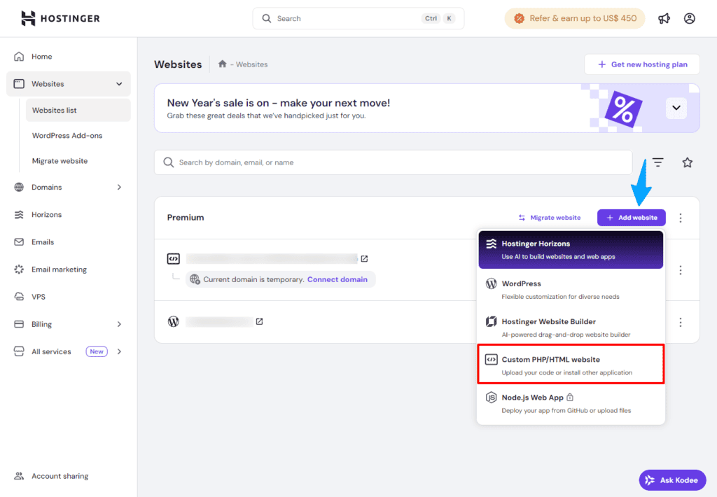 Add Custom HTML Website on hostinger