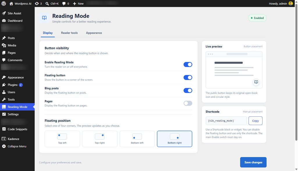 Reading Mode display settings