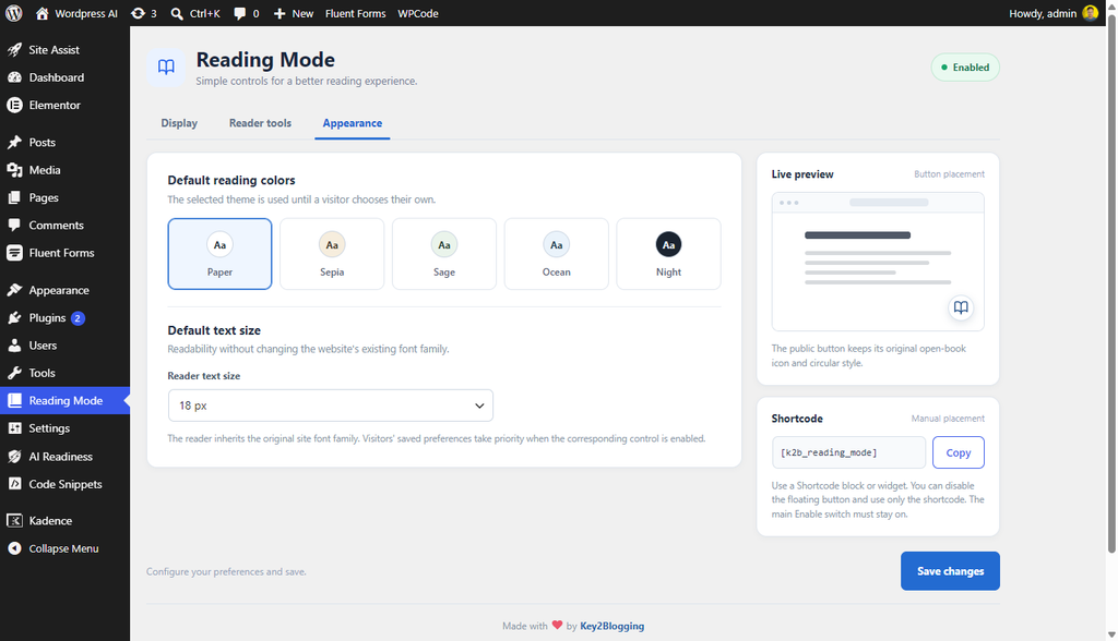 Reading Mode Appearance settings