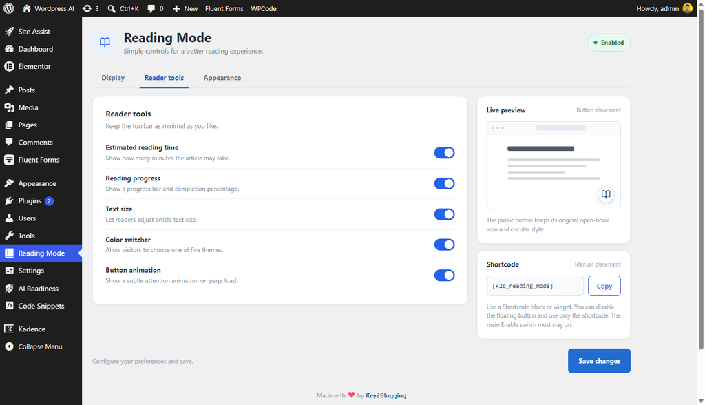 Readers tools settings